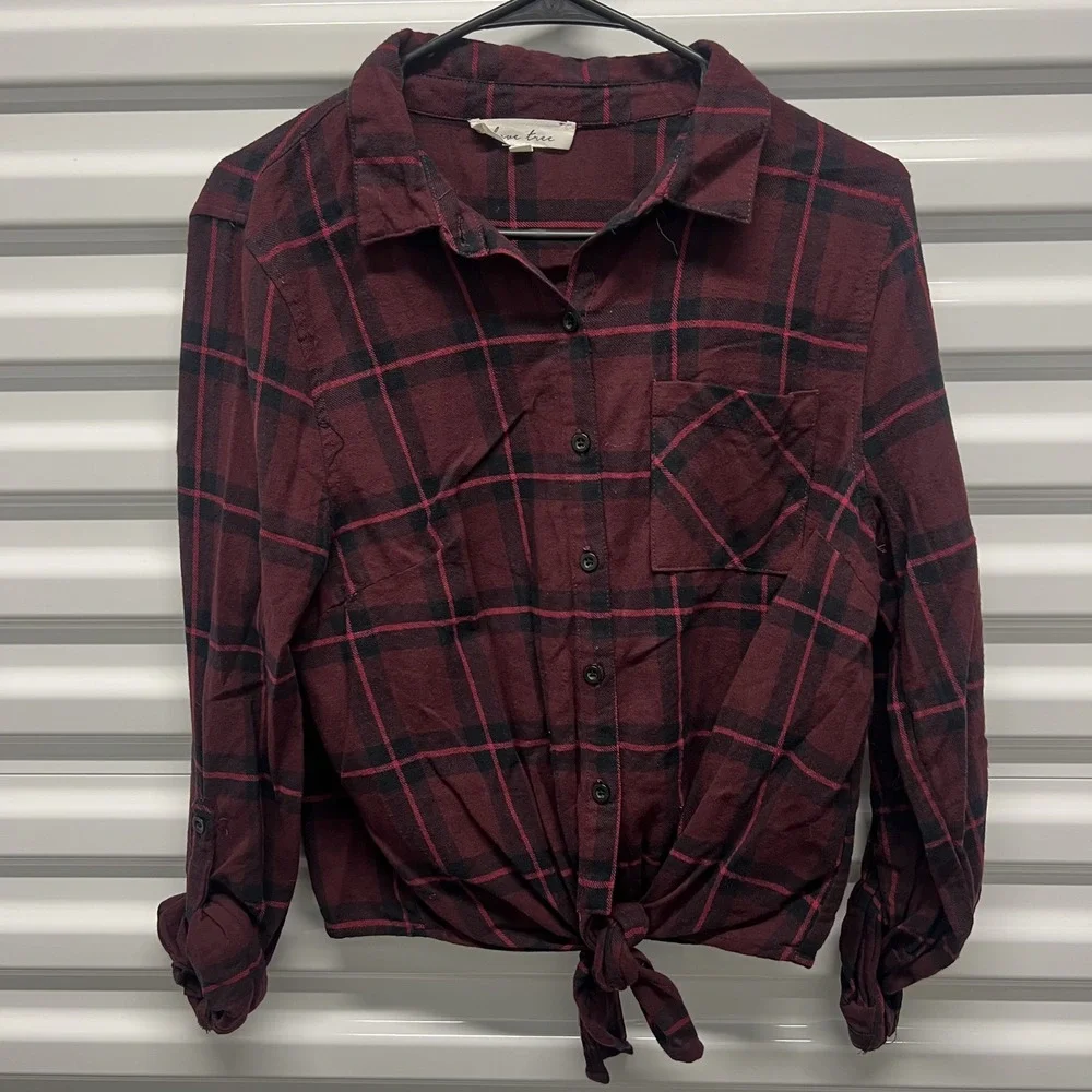 Love Tree Womens Plaid Shirt Large Cotton Burgundy Black Tie Front Flannel Style